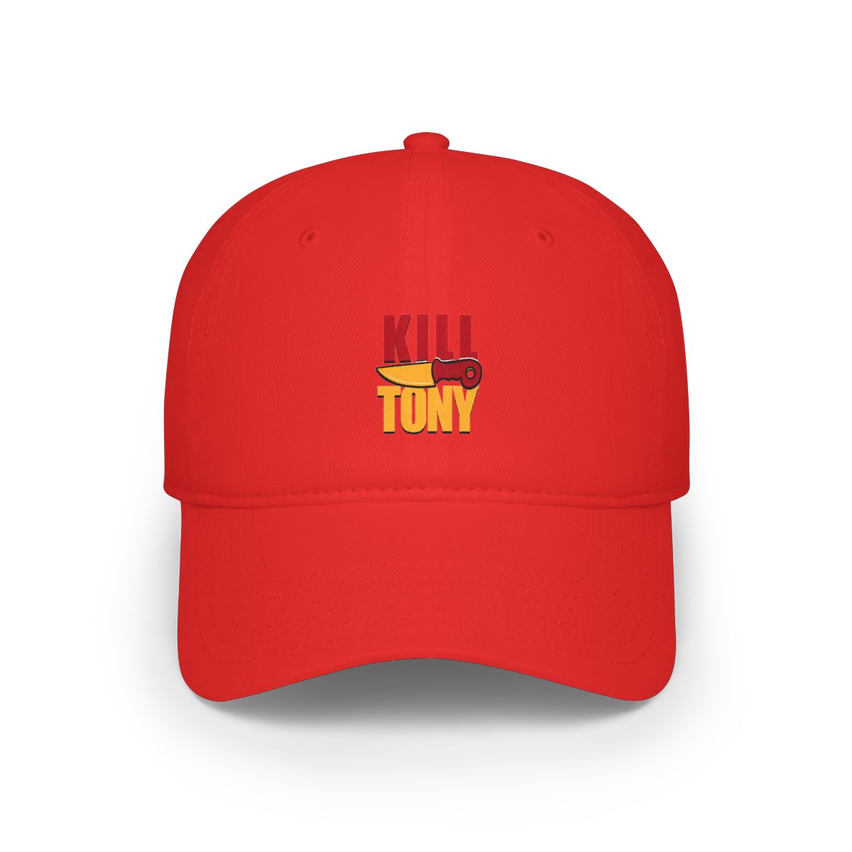 Kill Tony Cartoon Knife Design In Red And Yellow Outlined Hat — official Kill Tony hats